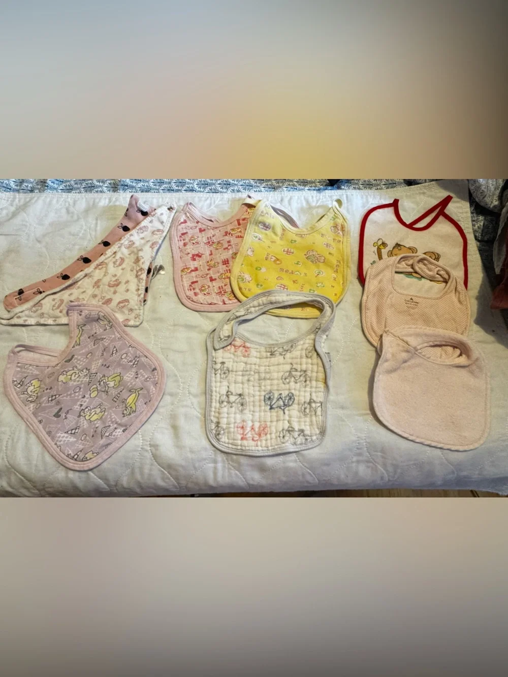 9 Assorted Pink & Yellow Baby Bibs